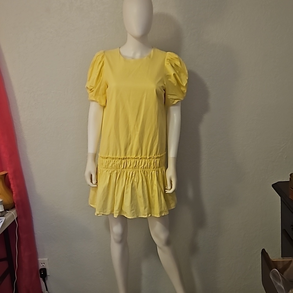 ENGLISH FACTORY Canary Yellow Puff Sleeve Ruffled Drop Waist Mini Dress - Picture 3 of 10